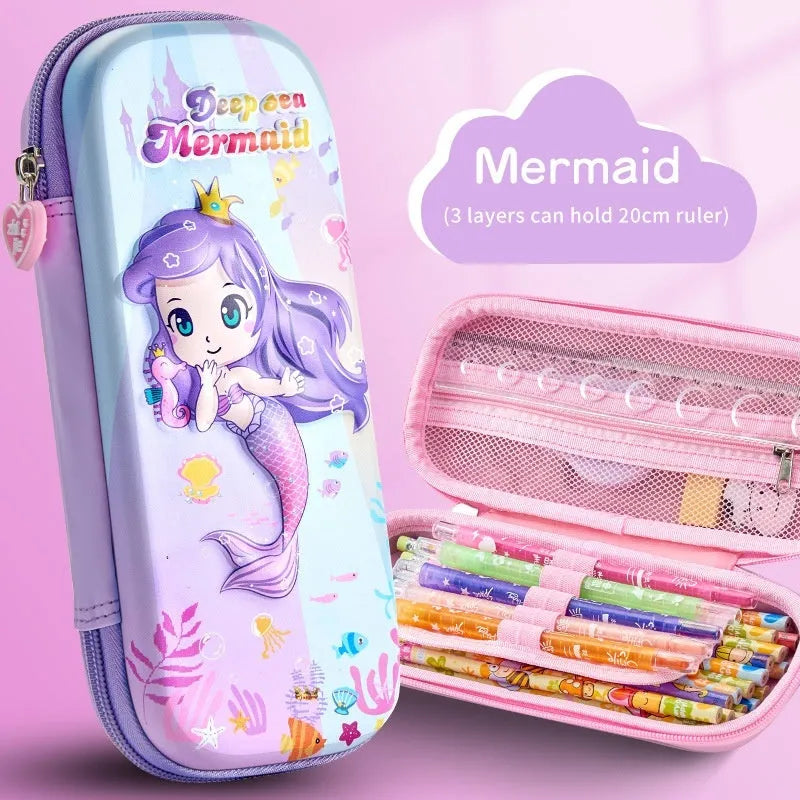 3D leather pencil case with embossed holographic character design showing textured surface detail