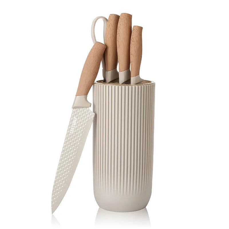 Five-piece kitchen knife set with khaki style wood grain handles and stainless steel non-stick blades