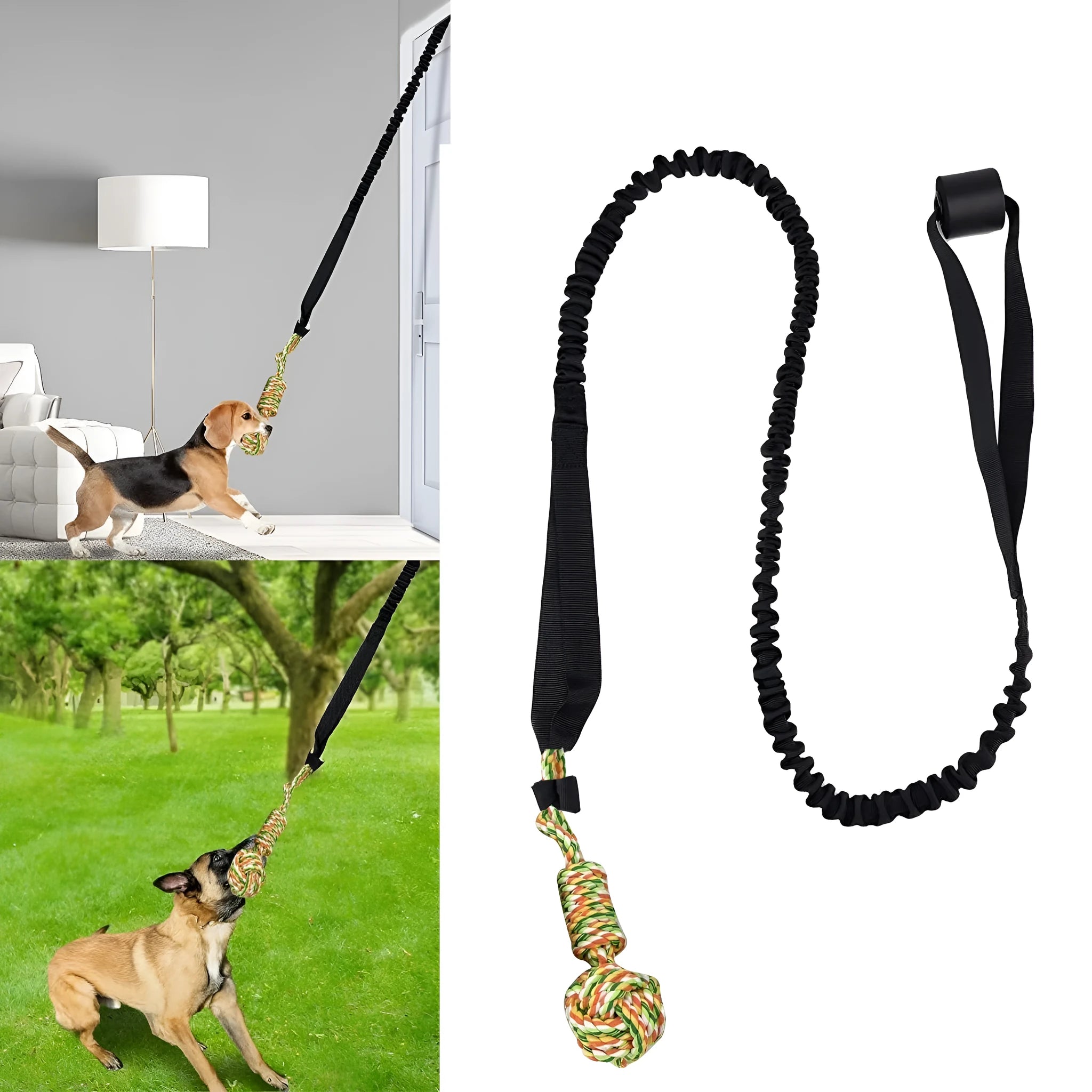 Cotton rope dog tug toy with knotted ends in black, grey or red colours