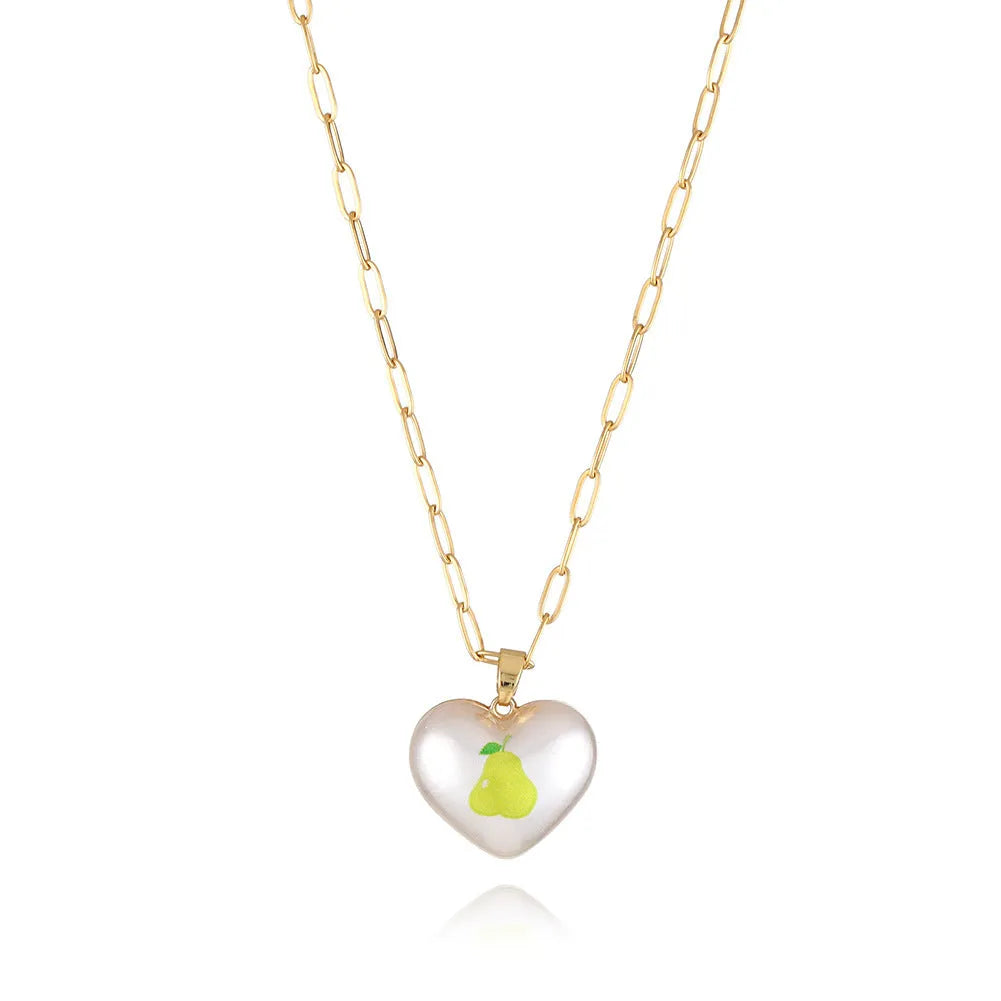 Silver tone heart necklace with geometric fruit pendant on adjustable 21-50cm chain