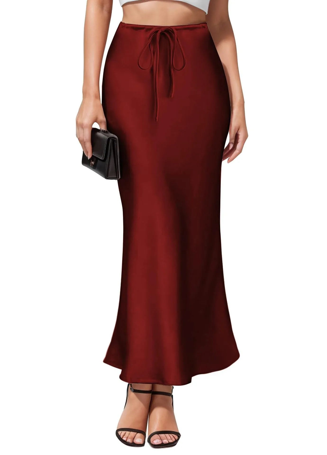 Acetate satin asymmetric skirt with irregular stitching in high-waist design, showing colour options
