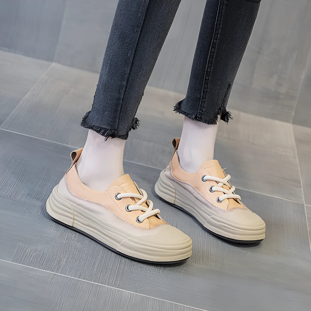 Women's leather platform sneakers in matcha green, purple, or orange with round toe and lace-up front.