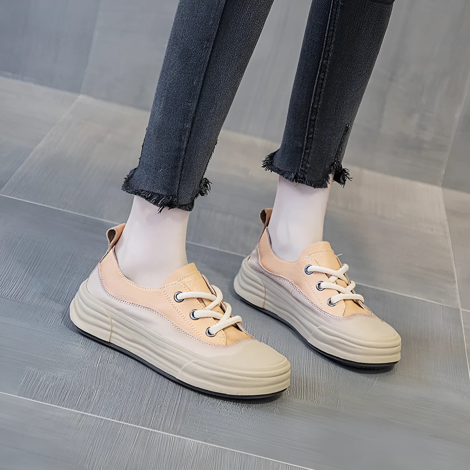 Women's leather platform sneakers in matcha green, purple, or orange with round toe and lace-up front.