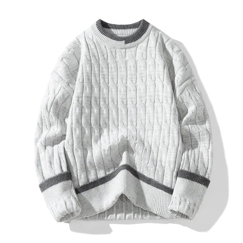 Men's loose grey and blue modal acrylic sports pullover sweater on a hanger.