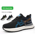 Black and blue safety protective shoes with breathable mesh upper and rubber tendon construction