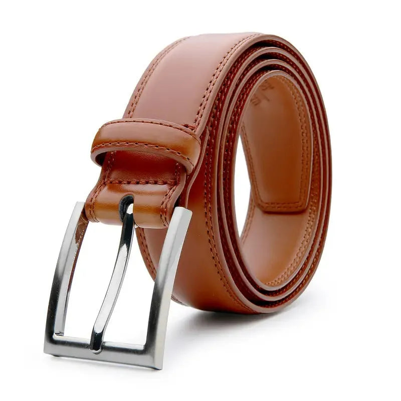 Men's brown leather belt with 95 grain texture and metal alloy buckle shown at 120cm length