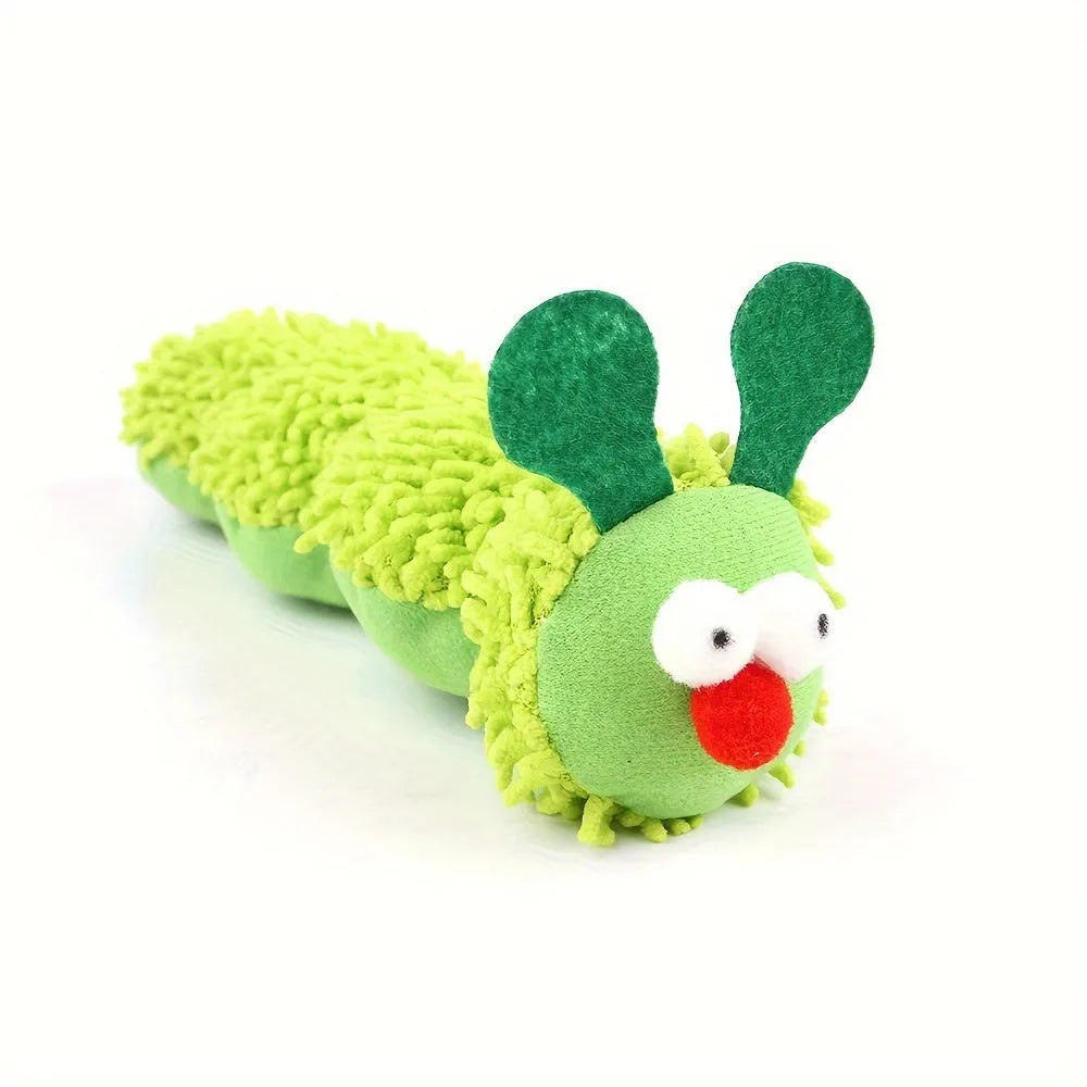 Green interactive plush cat toy with sports ball and fishing rod design