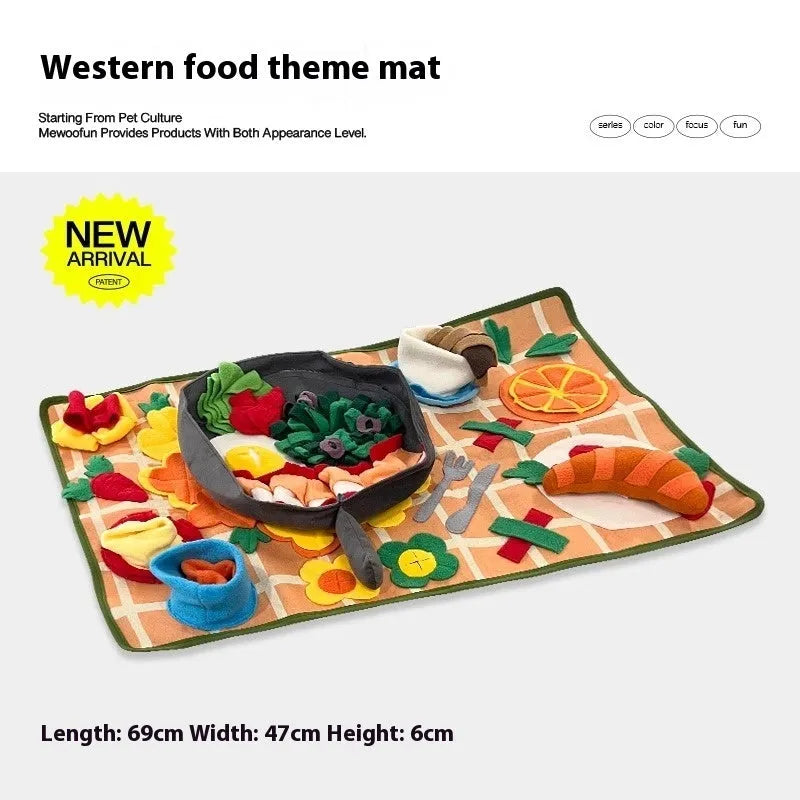 Plastic fabric dog sniffing mat with food hiding design in garden camping theme