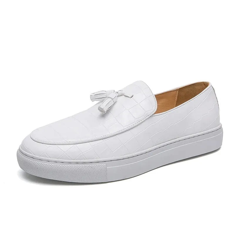 Plus size men's tassel sneakers in black, brown and white colours with round toe design