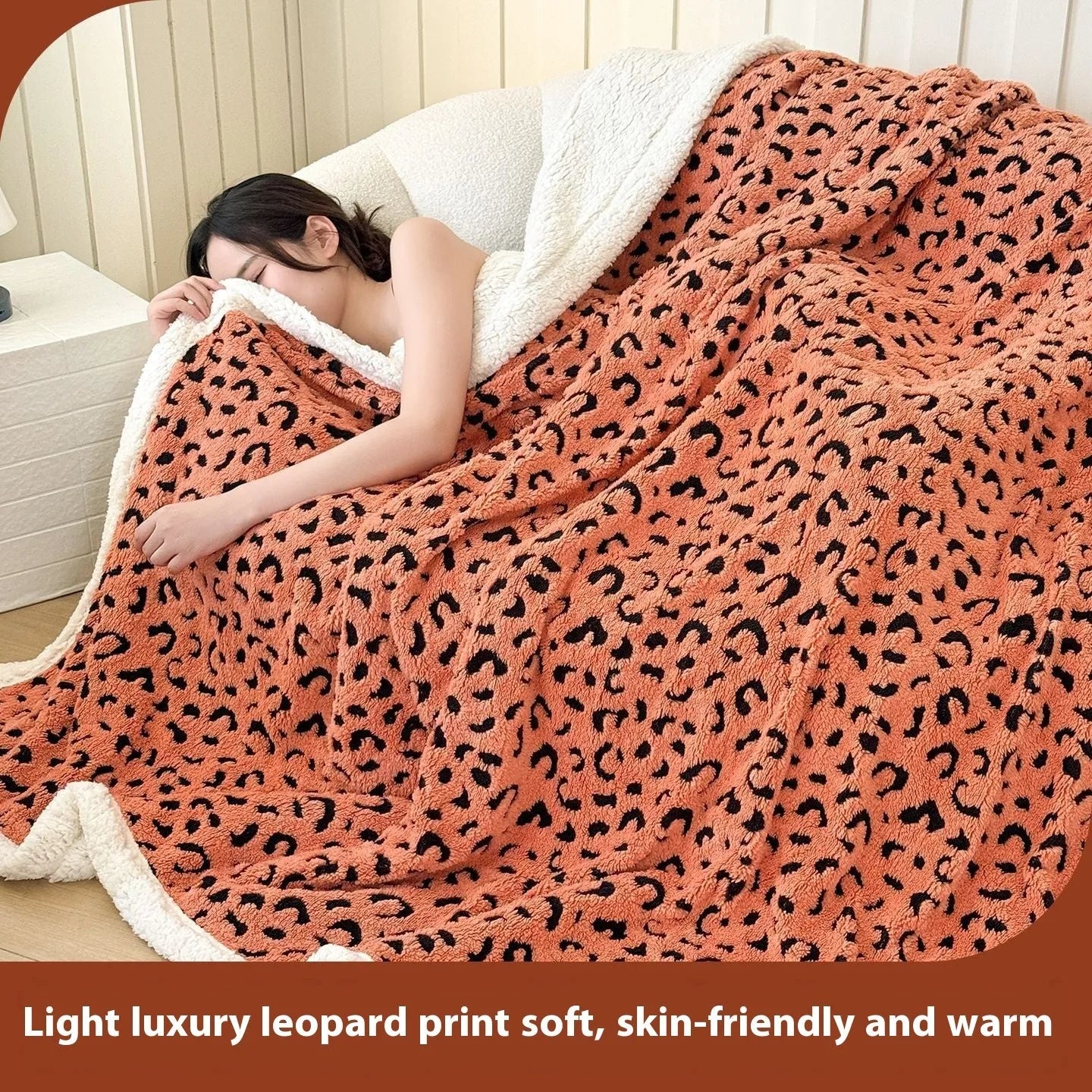 Double-layer leopard jacquard taffeta blanket in camel zebra pattern on a single bed.
