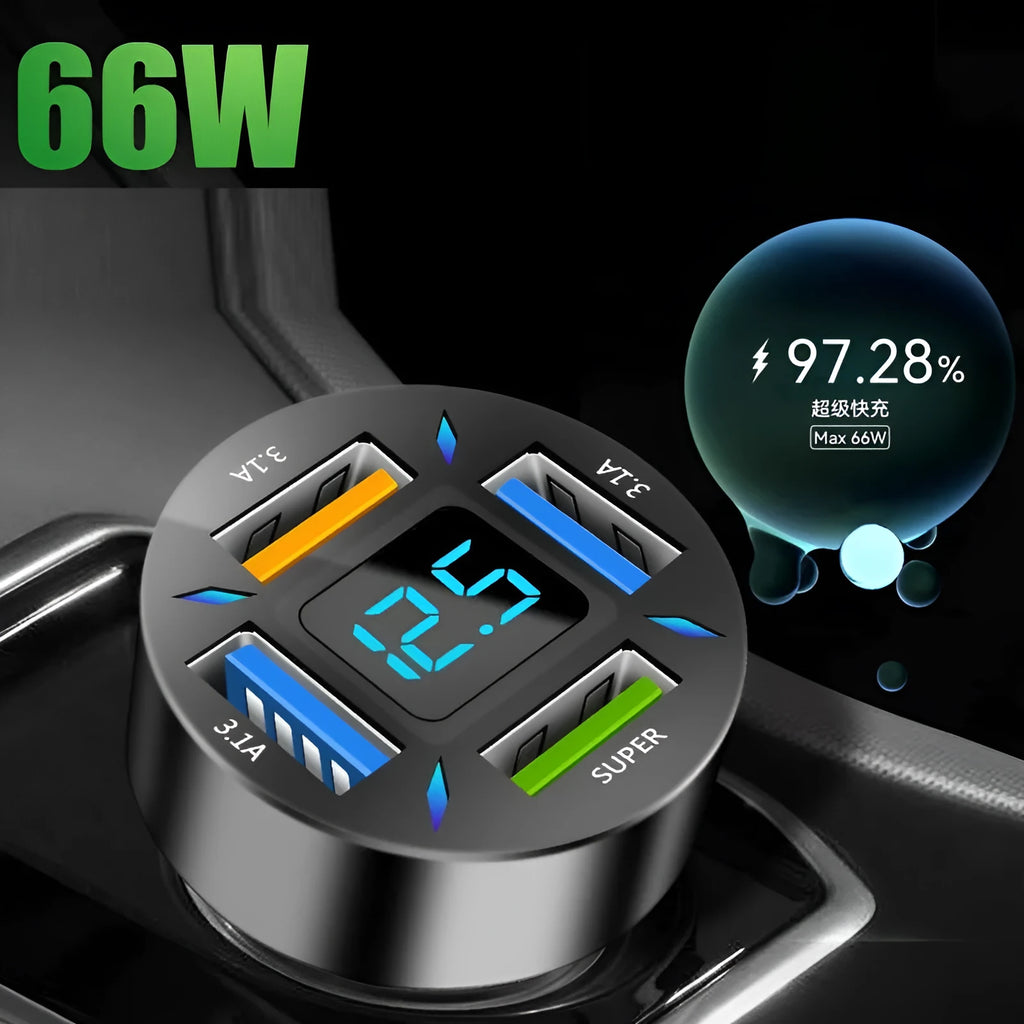 Black 4-port USB car charger with digital display plugged into a vehicle cigarette lighter socket.