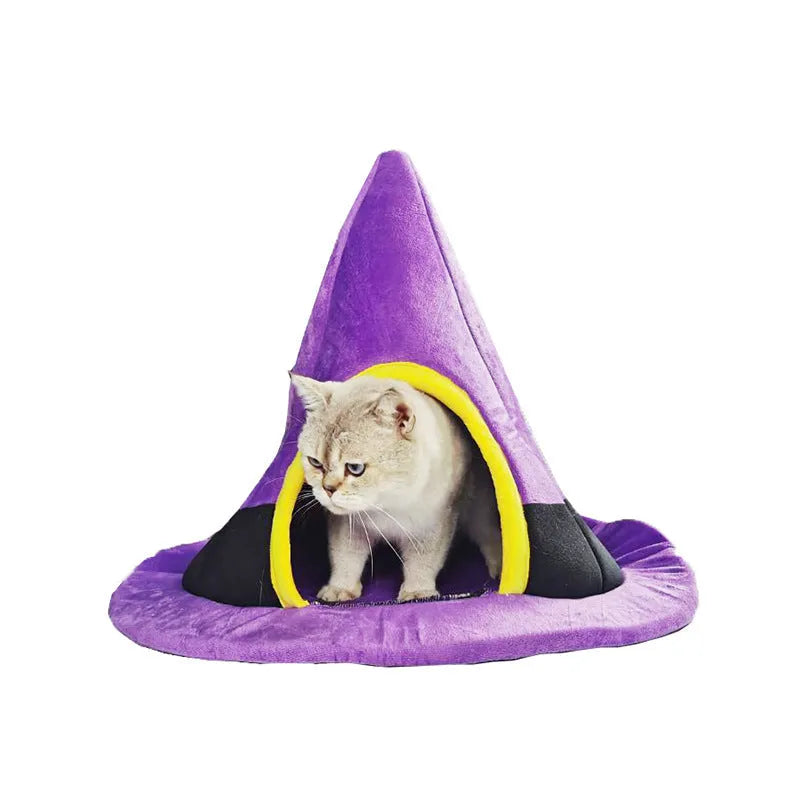 Purple Halloween witch hat shaped cat bed measuring 60cm by 45cm