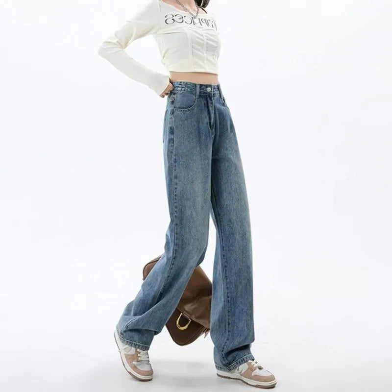 Women's retro blue wide leg jeans with high waist design and straight cut on model