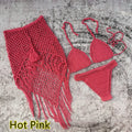3-piece crochet bikini swimsuit set with matching beach skirt in solid colour