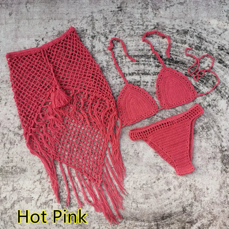 3-piece crochet bikini swimsuit set with matching beach skirt in solid colour