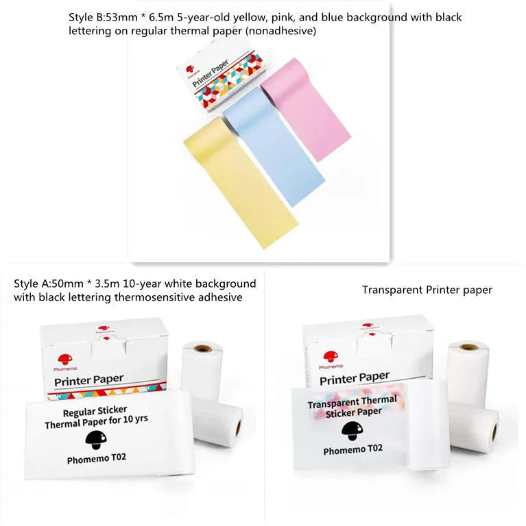 Phomemo T02 mini thermal label printer in white, showing front view with roll of sticky paper