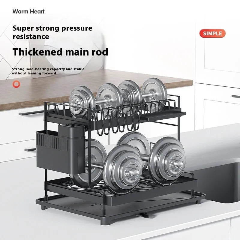 White double-layer kitchen draining rack with carbon steel construction for dish drying