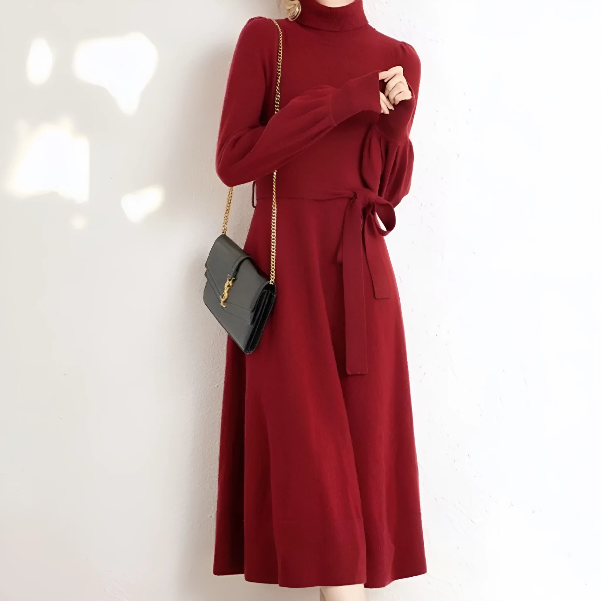 Women's rose red turtleneck long sleeve knit dress with elastic waist and loose mid-length skirt.