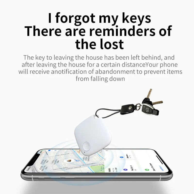 Small round black Bluetooth key ring tracker with a silver metal keyring loop.