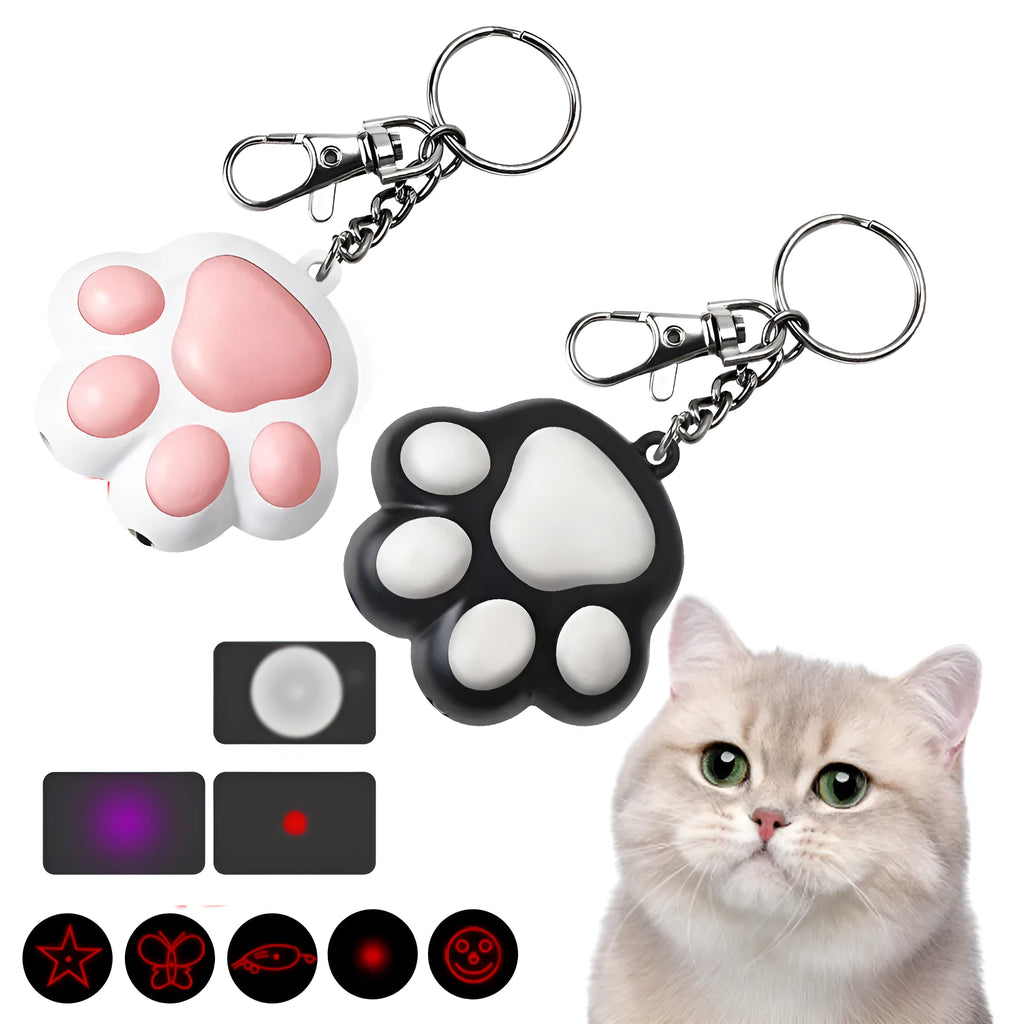 Pink and black USB-rechargeable infrared laser cat teaser toy with keychain loop.