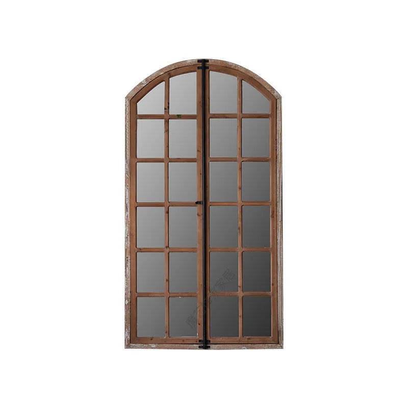 Terrace log colour wooden frame fake window wall mirror on a plain wall.