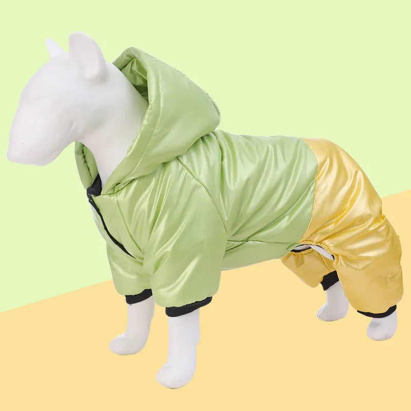 Waterproof windproof cotton-padded dog clothes with four-legged design in green, pink, or white colours