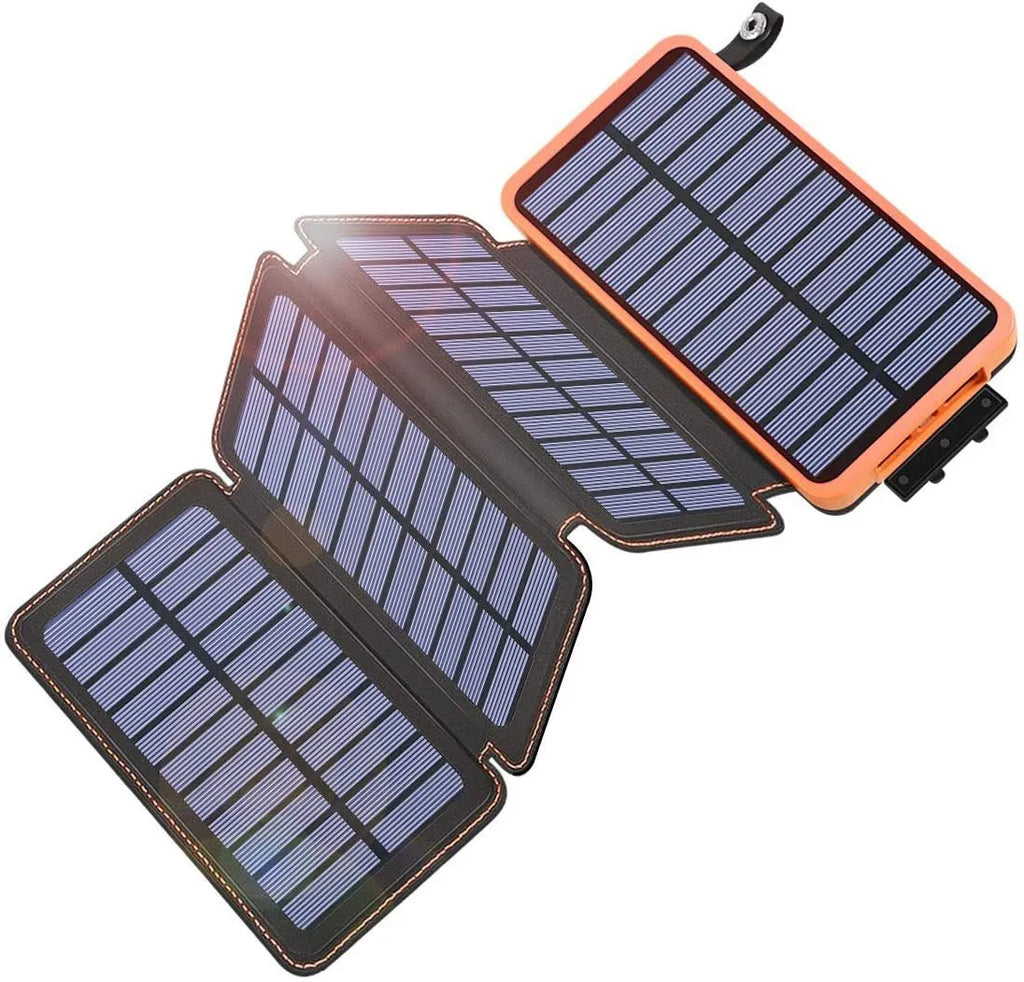 Outdoor solar power bank charger in multiple colours with a solar panel and LED light.
