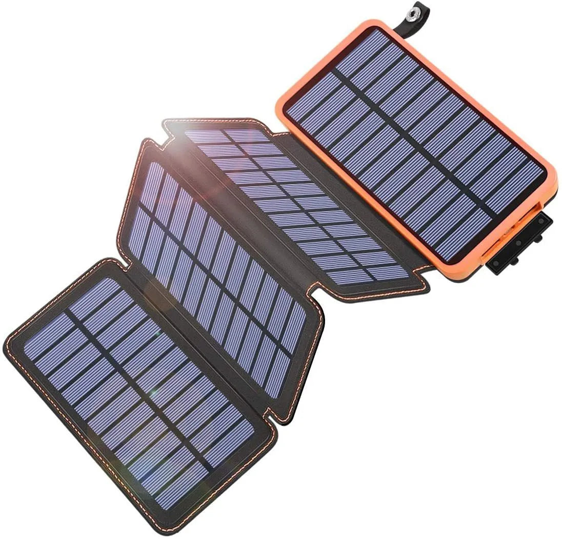 Outdoor solar power bank charger in multiple colours with a solar panel and LED light.