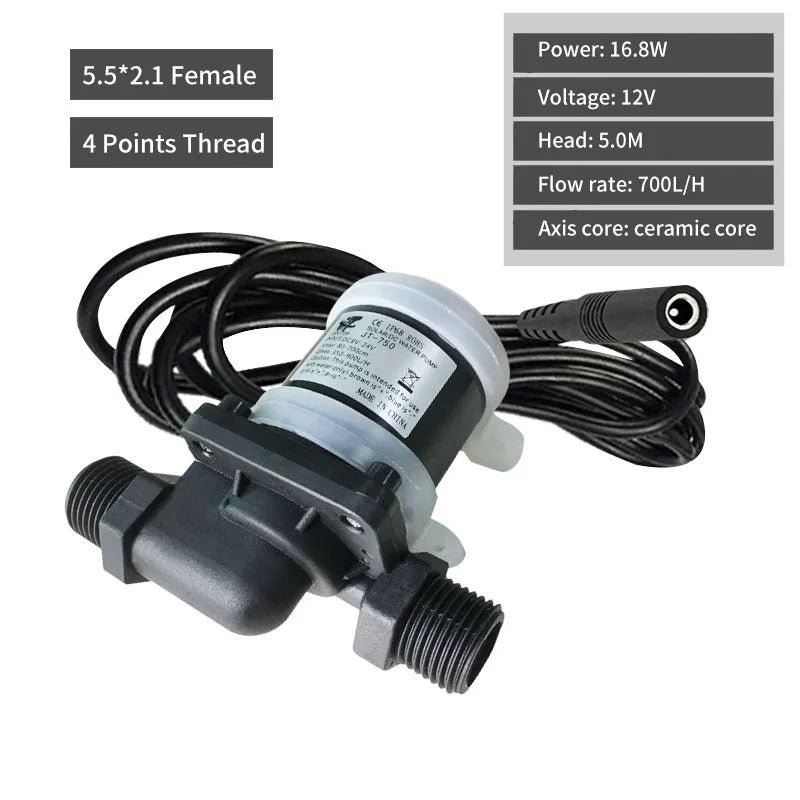 JT-750 DC horizontal water pump with threaded ports for solar heater and underfloor heating systems.