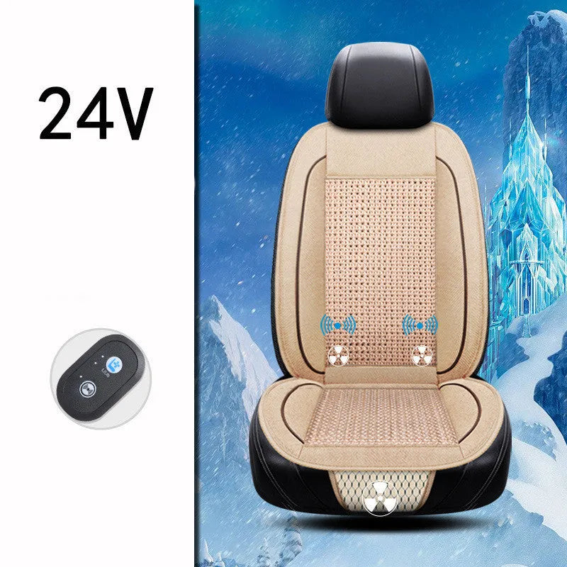 Black car ventilation seat cushion with massage function showing 60x60cm dimensions and power connection