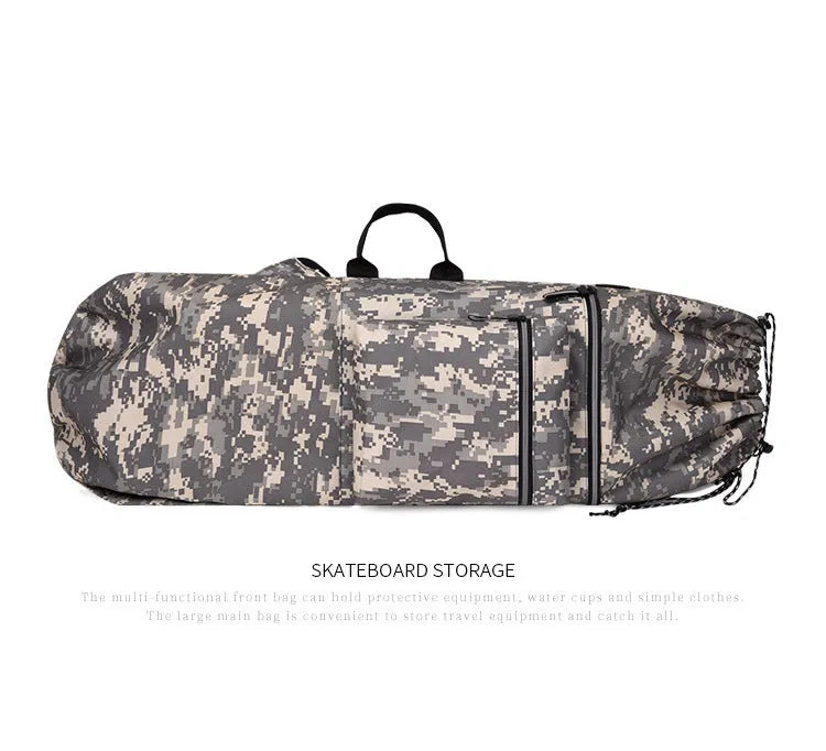 Waterproof nylon skateboard bag with 20-35 litre capacity for sports equipment in camouflage colours