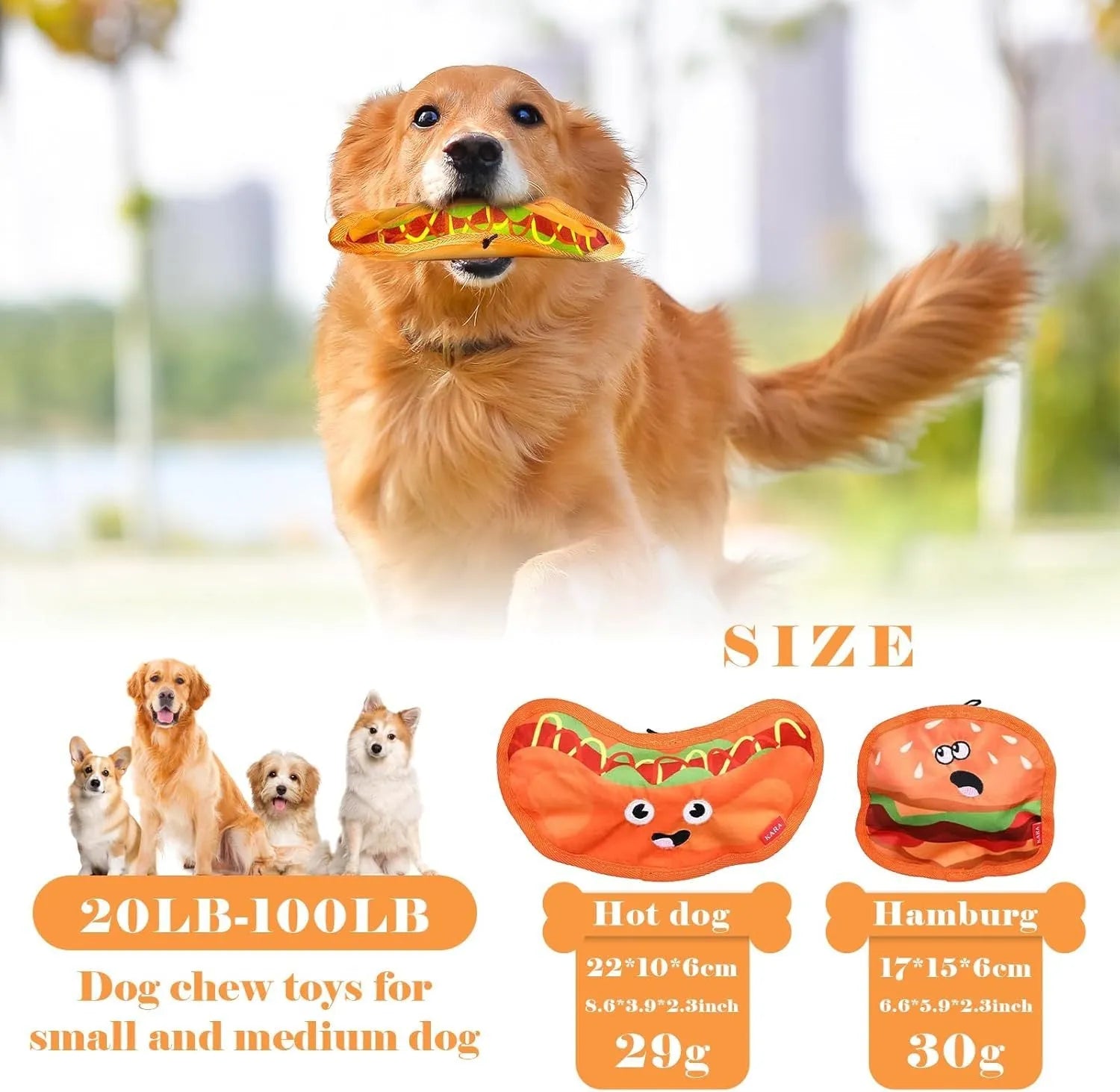 Hamburger-shaped dog chew toy with red, yellow and brown colours showing crinkle and squeak features