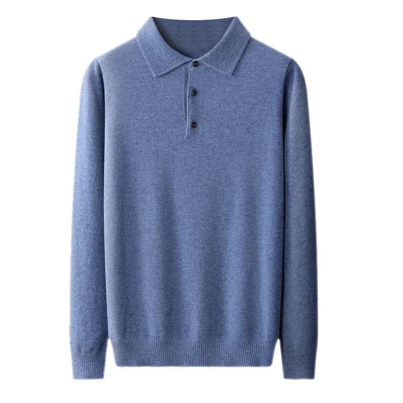 Men's grey wool pullover sweater with a polo collar and long sleeves laid flat.