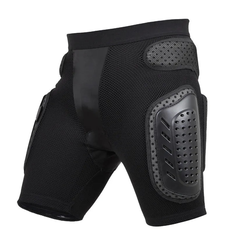 Black cycling hip protection pants showing protective padding area, available in sizes S M L XL