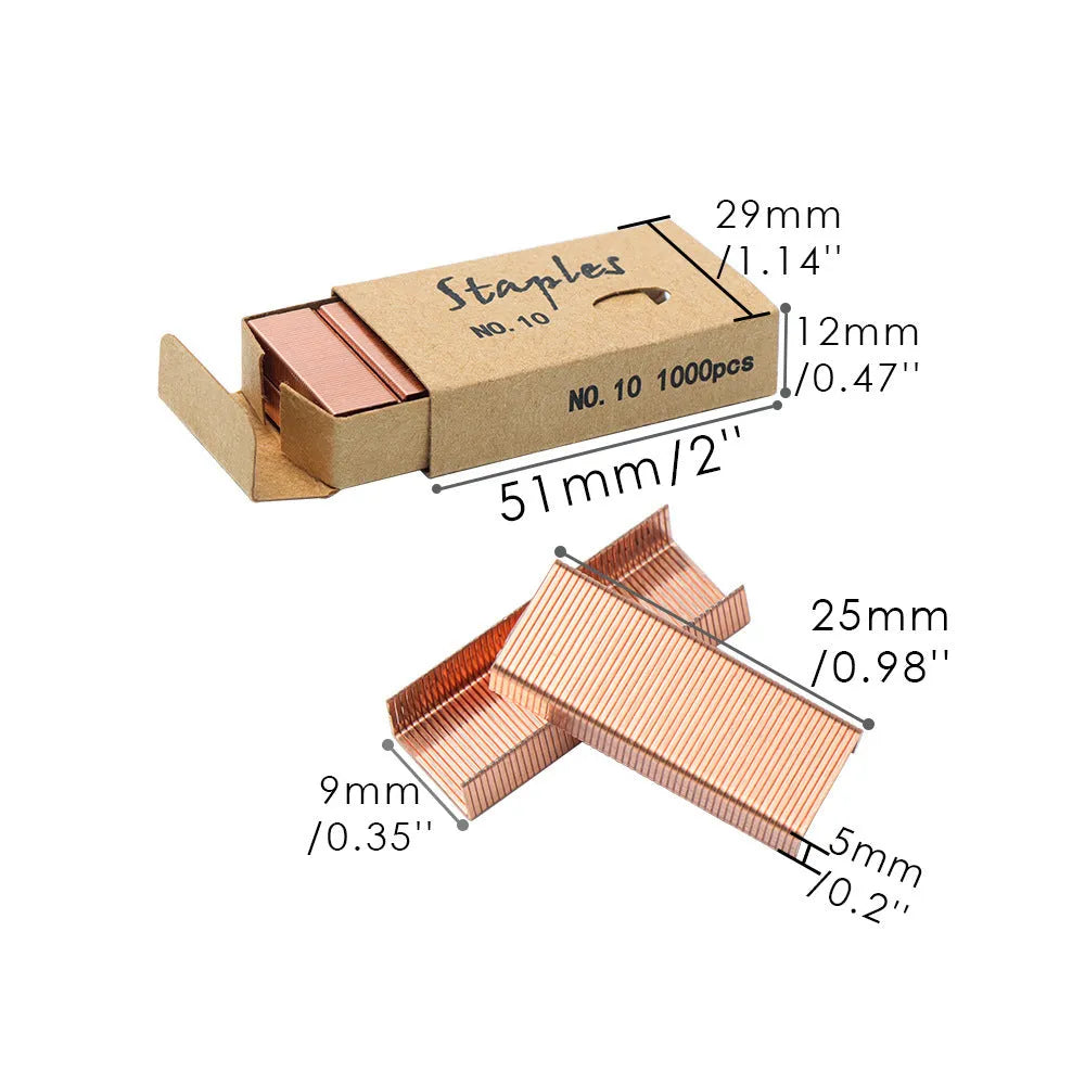 A box of 1000 metal office staples in choices of black, purple, rose gold, or rose red colour.
