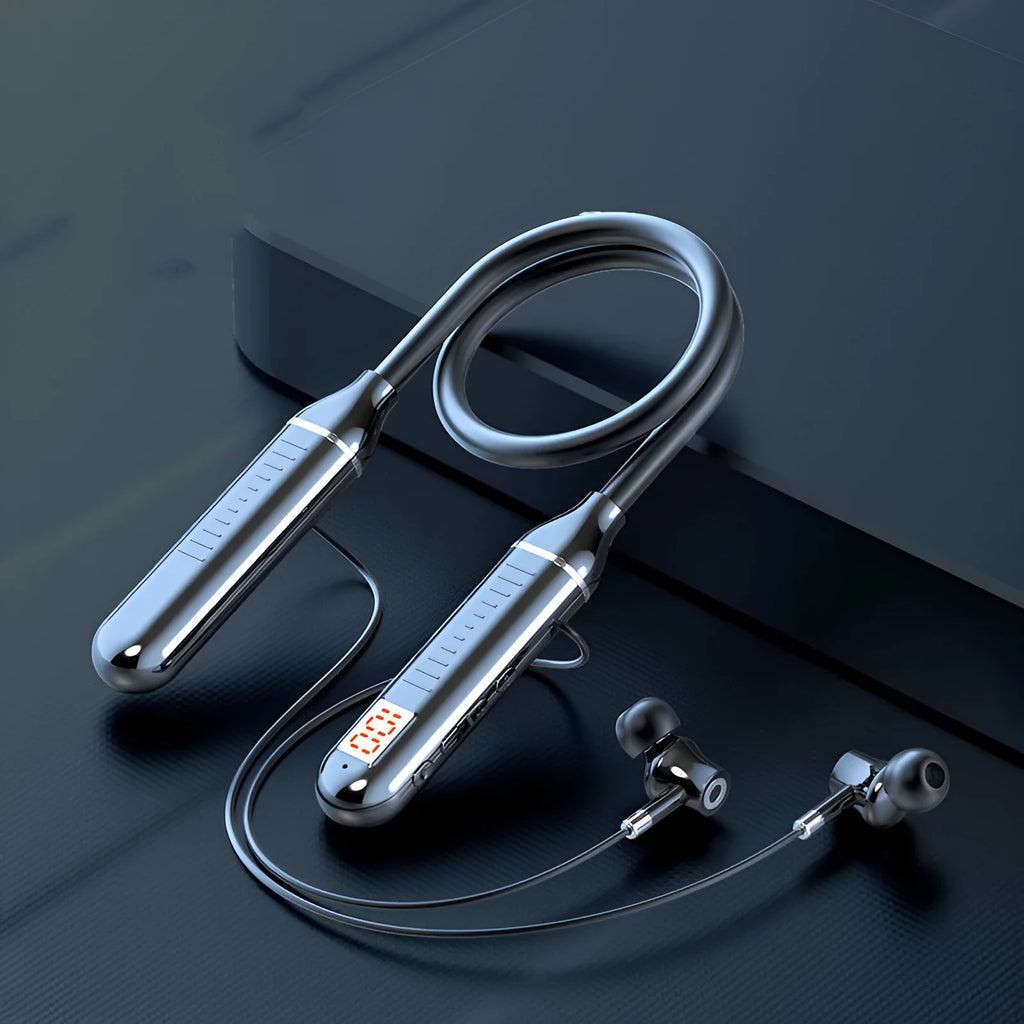 Wireless Bluetooth sports headset with neck-hanging design showing black colour option