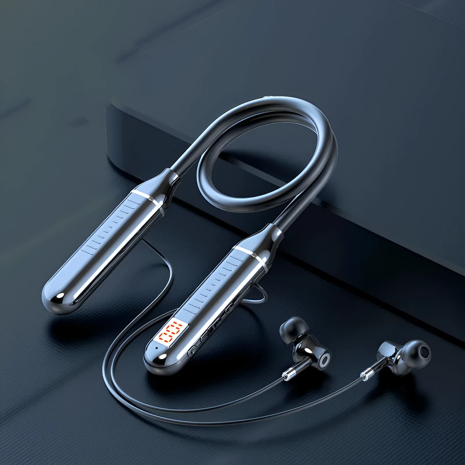 Wireless Bluetooth sports headset with neck-hanging design showing black colour option