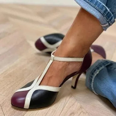 Women's round toe high heel shoes with button fastening in light blue pink, blue rose red, and wine red black colour options.