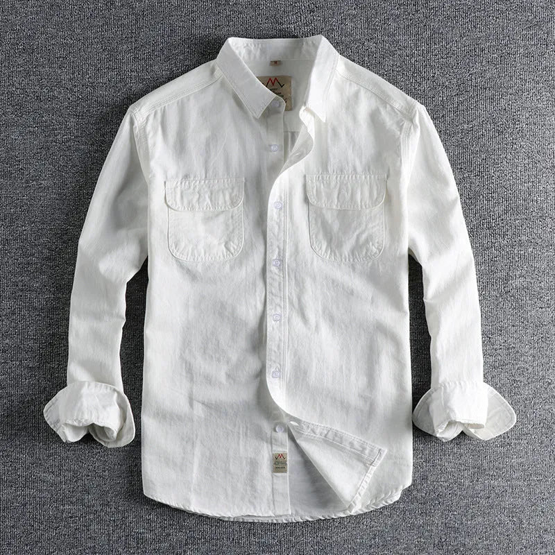 Men's solid colour cotton cardigan shirt with long sleeves in light blue.