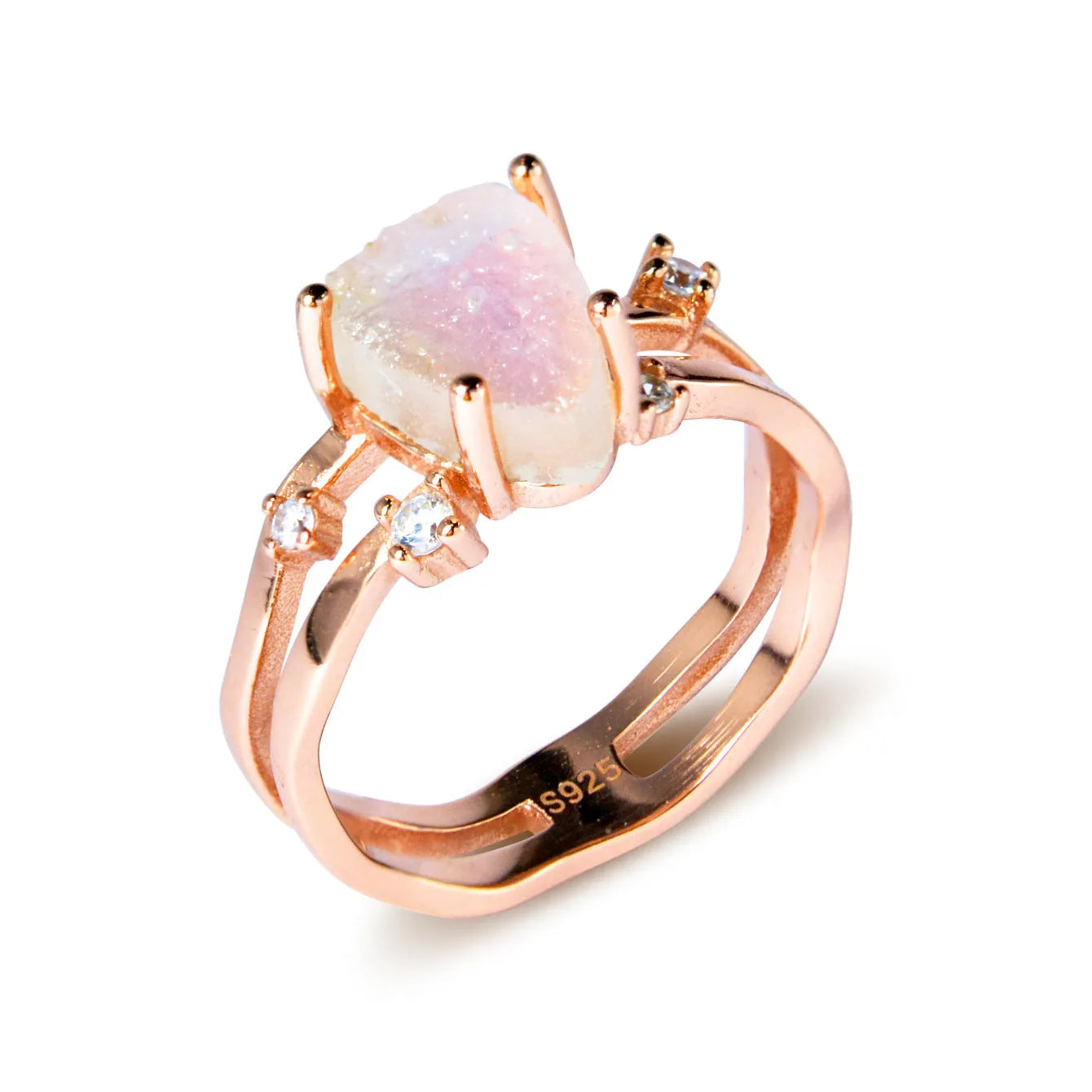 S925 silver geometric ring with irregular triangle design and moonstone detail in rose gold electroplating