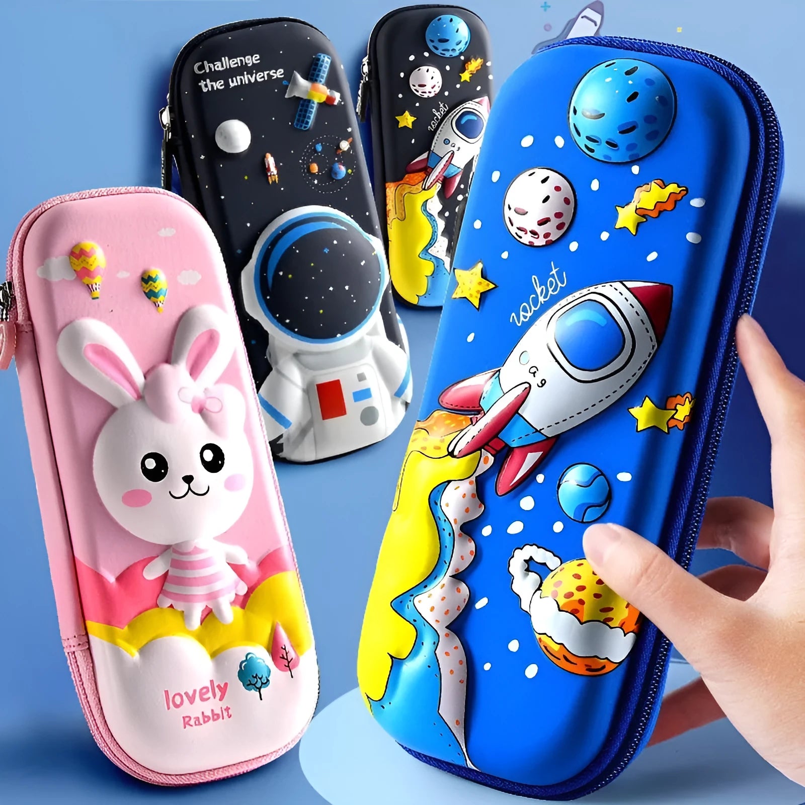 3D leather pencil case with embossed holographic character design showing textured surface detail