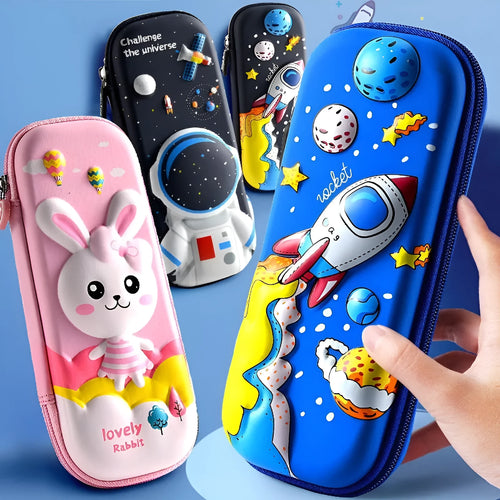 3D leather pencil case with embossed holographic character design showing textured surface detail