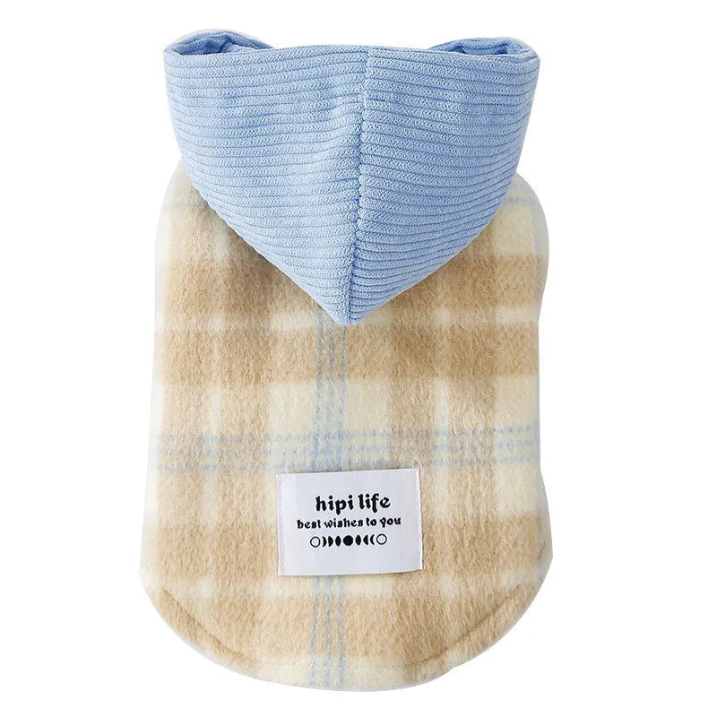 Blue corduroy dog hoodie with chessboard grid print and hood, sized for a medium dog.