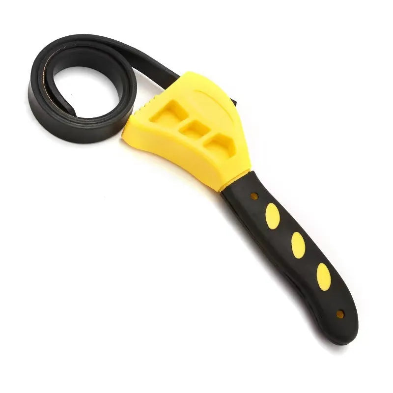 6-inch and 8-inch adjustable rubber strap wrench set with plastic rubber strap and metal handle.