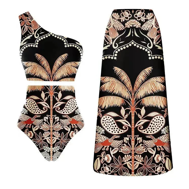 Women's black one-piece swimsuit made from polyester fabric, shown in size M.