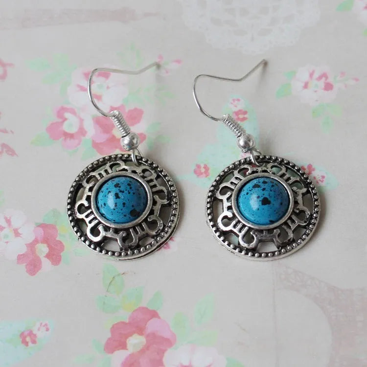 Handmade Miao silver retro turquoise flower disk earrings with geometric shape and ethnic patterns