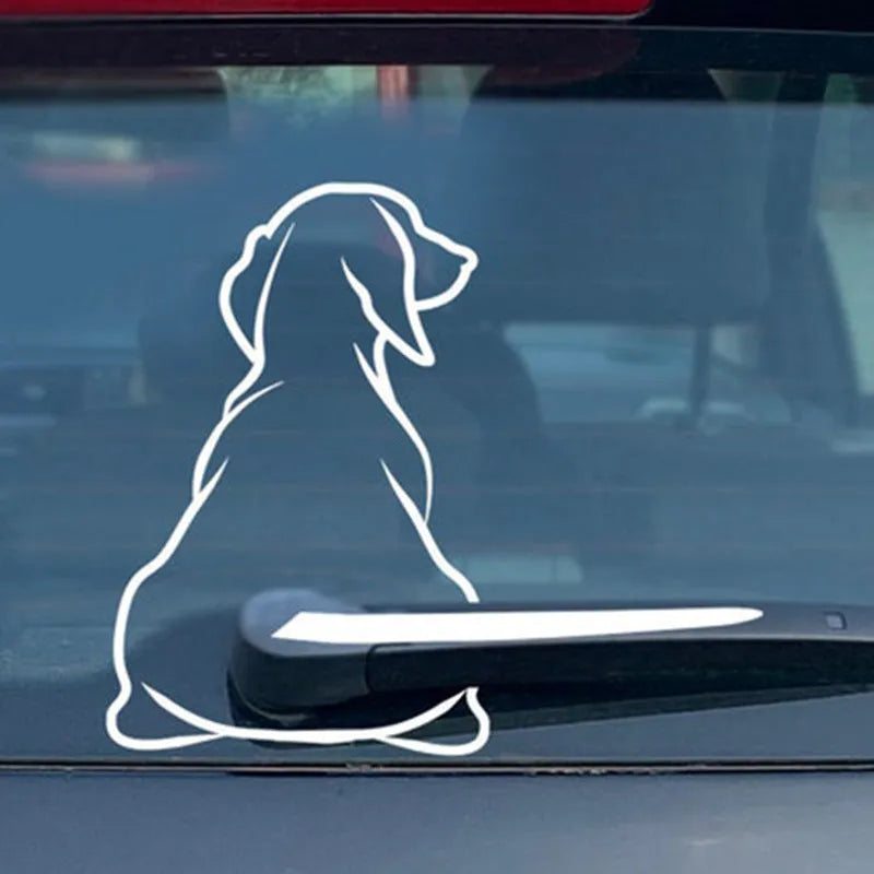 Black and white cartoon dog car window sticker with wiper-style tail for vehicle rear glass decoration