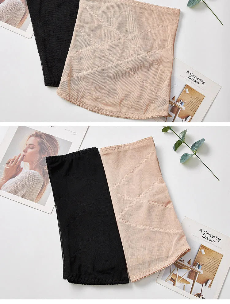 Mesh postpartum belly band in black with adjustable strap and cross waistband design