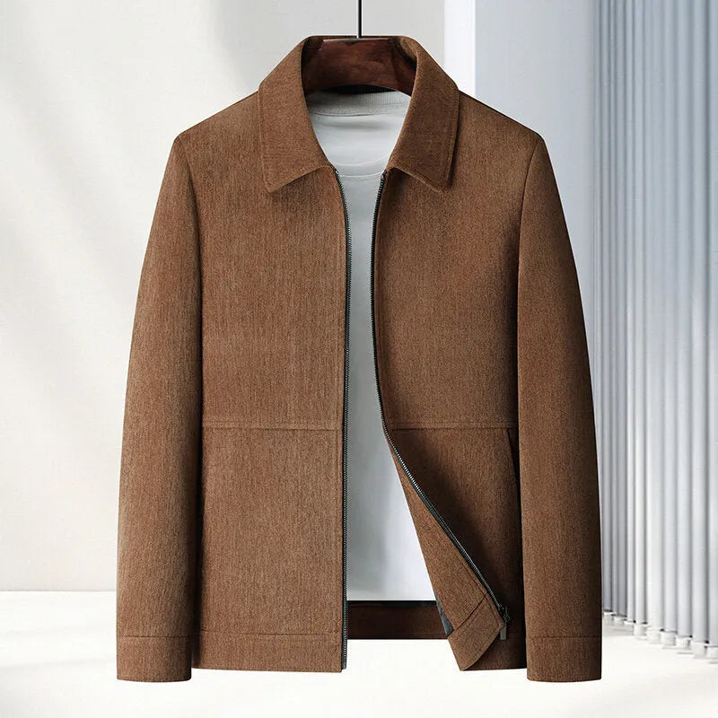 Men's slim fit casual lapel coat in thickening Vinylon fabric shown in dark blue.
