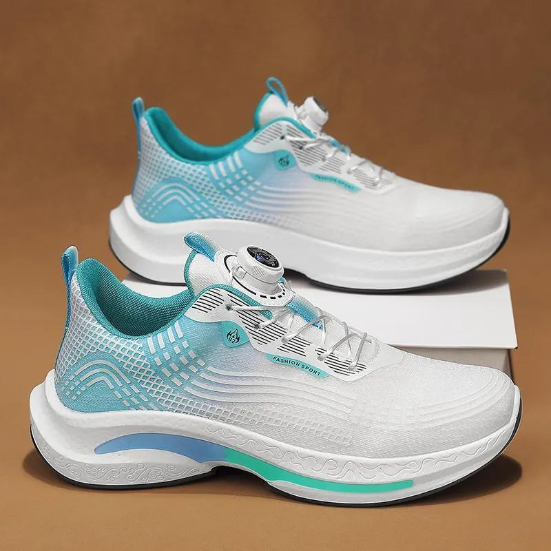 Men's low-top mesh sneakers with rotating buckle closure in black and blue colourway